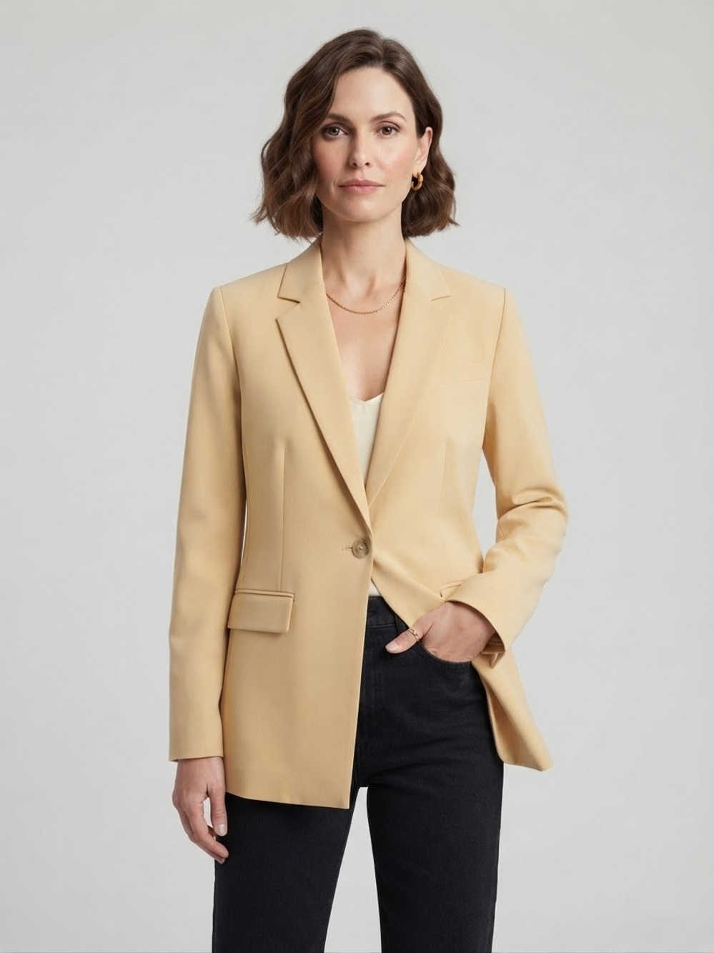 Tailored Dark Cream / Yellow Single-Button Blazer for Women
